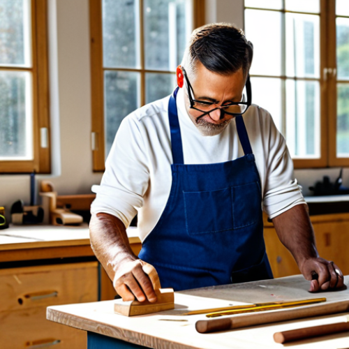 Home 17 DIY 초보자를 위한 필수 공구 - **Subject:** A skilled carpenter, fully clothed in a professional work apron and safety glasses, car...