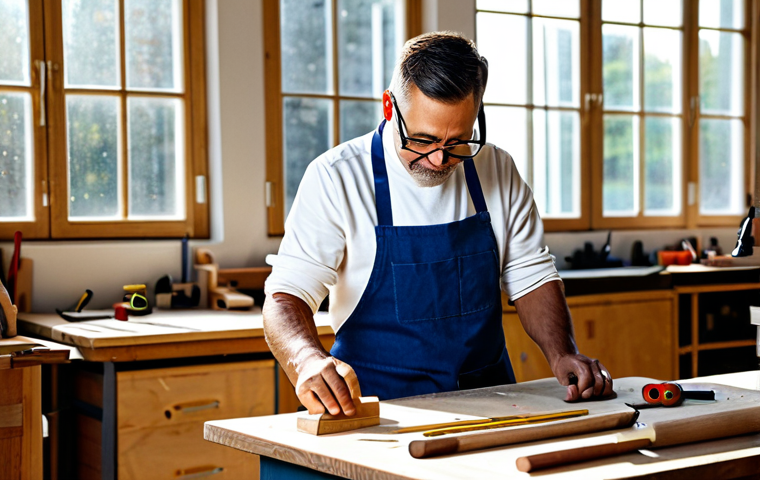 DIY 초보자를 위한 필수 공구 - **Subject:** A skilled carpenter, fully clothed in a professional work apron and safety glasses, car...