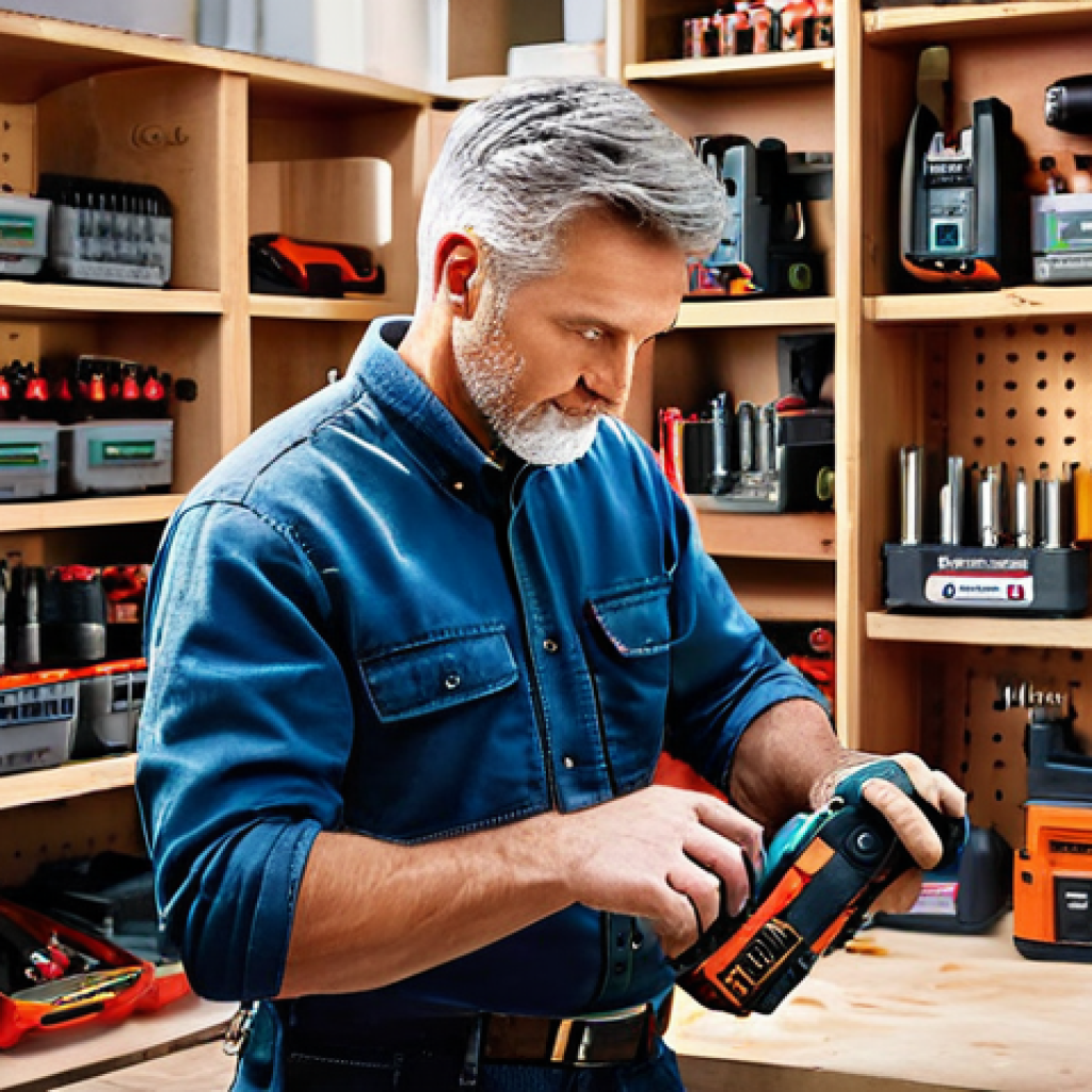 전동공구 배터리 종류 및 특징 - A professional male craftsman, with a focused expression, in a well-lit and organized workshop. He i...