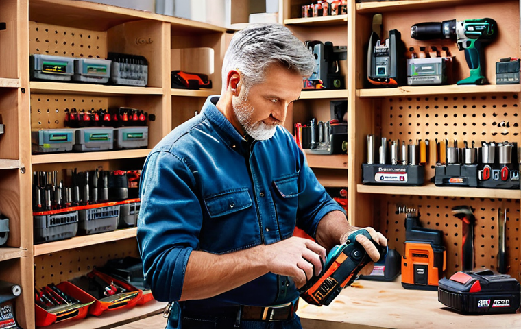 전동공구 배터리 종류 및 특징 - A professional male craftsman, with a focused expression, in a well-lit and organized workshop. He i...