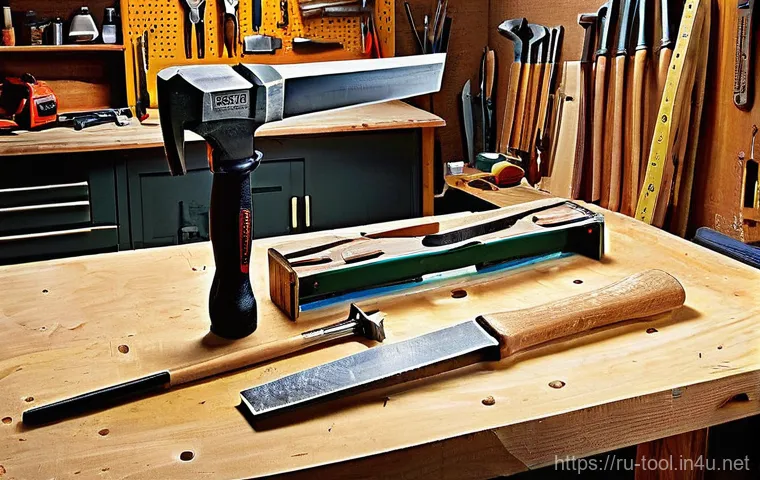 망치 종류와 용도별 추천 - **Prompt:** A well-organized, brightly lit professional workshop workbench. Displayed prominently ar...